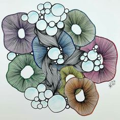 a drawing of different colored flowers on a white paper with water droplets in the center