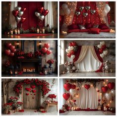 a collage of photos with red and white balloons in the shape of heart shapes