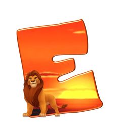 the letter e is for lion with an image of it's face and tail