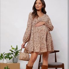 Nwot Shein Maternity Floral Hem Dress New, Never Worn Size: Small, 4 Super Cute For Spring Or Fall Long Sleeve Beige Maternity Dress, Beige Long Sleeve Maternity Dress, Short Maternity Dress, Fall Maternity Outfits, Shein Maternity, Fall Maternity, Shein Dress, Shein Dresses, Maternity Dress