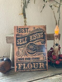 a wooden sign sitting on top of a table