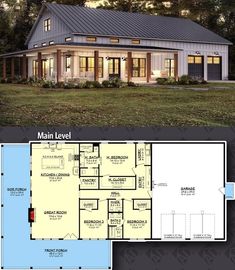 the floor plan for this modern farmhouse house is very large and has lots of windows