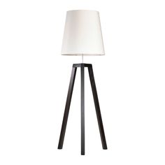 a lamp that is sitting on top of a wooden tripod stand with a white shade