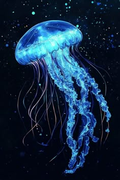 a blue jellyfish floating in the dark water with bubbles on it's head