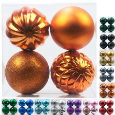 christmas ornaments in various colors and sizes are shown with the same size as each other