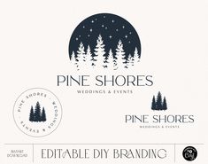 the logo for pine shores wedding and events is shown in black and white with trees