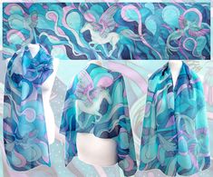 Hand painted scarf with Pegasus made of natural silk, in purple - blue - turquoise color set. This fantasy designer scarf is made to order. The Pegasus is a magical creature, a winged horse symbolizing wisdom and fame and more recently poets' inspiration (so imagine what a lovely gift the scarf would made for your poet friend). The Pegasus scarf depicts the winged horse flying with two peacocks on a starry, cloudy night sky. It is composed with tones of cool blue and turquoise, soft pastel mint Blue Hand Painted Bohemian Silk Scarf, Blue Bohemian Hand Painted Silk Scarf, Bohemian Blue Silk Scarf Gift, Bohemian Blue Silk Scarf As Gift, Bohemian Blue Silk Scarf For Gift, Bohemian Blue Hand Painted Silk Scarf, Artistic Handmade Blue Silk Scarf, Artsy Blue Silk Scarf As Gift, Artsy Blue Scarf As A Gift