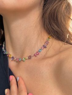 Jewelry Trends 2024 Winter, Swarovski Necklace Crystal, Colorful Silver Jewelry, Swarovski Jewelry Aesthetic, Simplistic Jewelry, Multicolor Necklace, Neck Pieces Jewelry