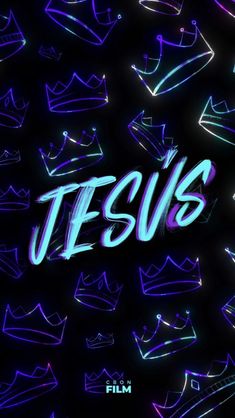 the word jesus is surrounded by purple and blue neon lights on a black background with white letters