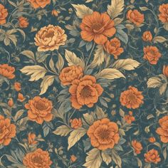 an orange and blue flowered wallpaper with many flowers on the bottom half of it