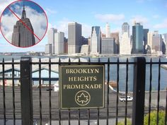 there is a sign that says brooklyn heights promnade on the side of a fence