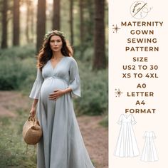 a pregnant woman wearing a dress and holding a basket in her hand, with the text below it that reads maternity gown sewing pattern size us 12 to 30 xs to xx0