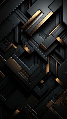 an abstract black and gold background with squares, rectangles and lines in the center