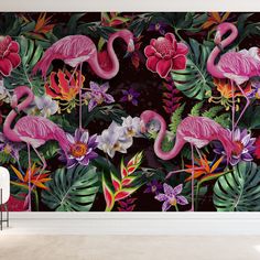 pink flamingos and tropical flowers on a black background wall mural