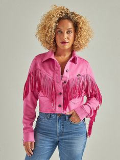 Wrangler Azalea Fringe Jacket Plush Pink Cropped Jacket 95% Polyester 5% Spandex Pink Fringe Jacket, Girl Cowboy Boots, Grey Long Sleeve Shirt, Woven Jacket, Retro Party, Fringe Jacket, Pink Jacket, Silver Buttons, Western Outfits