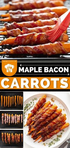 maple bacon carrots are being cooked on the grill and then grilled with a spatula