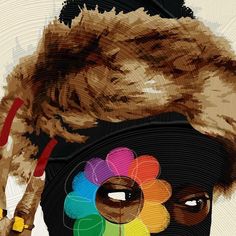 a woman's face with an afro wig and multicolored pinwheel in her hair