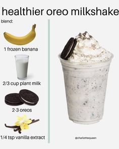 an ice cream sundae is shown with ingredients to make it look like oreo milkshake