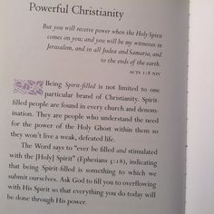 an open book with the words powerful christianity written in purple and black on it