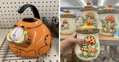 two pictures side by side one has a ceramic teapot and the other has painted ladybugs on it