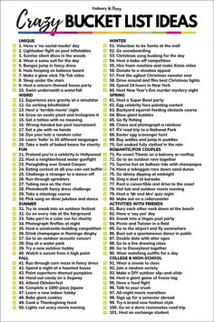 a printable grocery list with the words, crazy bucket list ideas and other things to do