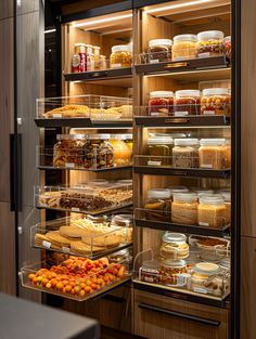 a display case filled with lots of different types of food in glass containers on shelves