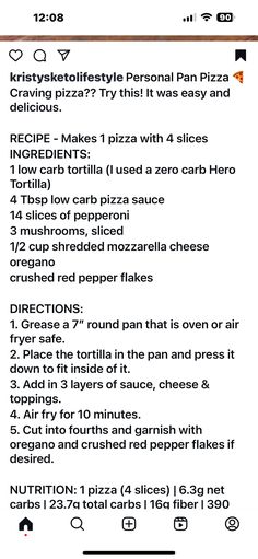 the recipe for pizza is shown in this screenshot