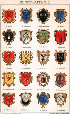 an old book with many different types of shields