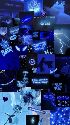 a collage of photos with blue lights and black text in the middle, all over them