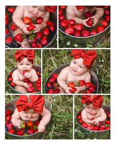 a collage of photos showing a baby in a bucket full of strawberries with a red bow on her head