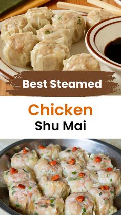 the best steamed chicken and sushi mai recipe is shown in this collage with text overlay