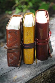 three leather bound books sitting next to each other on a wooden bench in the woods