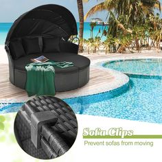 an open suitcase sitting on top of a pool next to a beach and palm trees