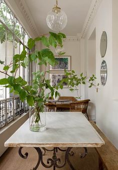 a dining room table with plants in a vase on it and hanging from the ceiling