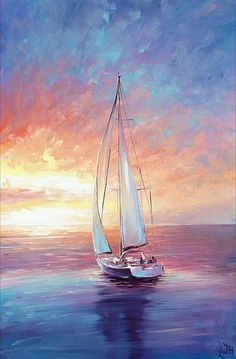 a painting of a sailboat in the ocean at sunset