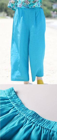 Blue Linen Summer Autumn Women Casual Pants with Pockets