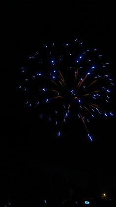 fireworks are lit up in the dark sky with bright blue and red lights on them