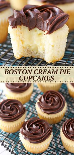 boston cream pie cupcakes with chocolate frosting on top and in the middle