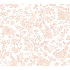 a white and pink wallpaper with leaves and birds on it's back ground