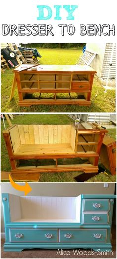 an old dresser is transformed into a bench with paint and some drawers to make it look like