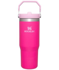 the stanley insulated cup is pink and has a stainless steel lid with an insulated handle