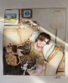 a drawing of a man laying in bed with cats