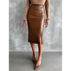 -Item Id 22776822 -Details: Split -Style: Elegant -Type: Pencil -Color: Brown -Pattern Type: Plain -Waist Line: Natural -Length: Long -Fit Type: Regular Fit -Fabric: Non-Stretch -Coating: 100% Polyurethane -Material: Pu Leather -Composition: 95% Polyester, 5% Elastane -Care Instructions: Machine Wash, Do Not Dry Clean,Wash With The Soft Detergent -Sheer: No Brown Leather Skirt Outfit, Leather Pencil Skirt Outfit, Swimsuits Shorts, Brown Leather Skirt, Chiffon Long Dress, Leather Skirt Outfit, Classic Capsule Wardrobe, Pu Leather Skirt, Feminine Wardrobe