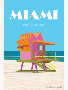 a pink and orange lifeguard tower on the beach with text miami, south beach