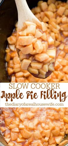 slow cooker apple pie filling in a crock pot with a wooden spoon and text overlay