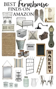 the best farmhouse finds on amazon are in this postcard style collage, which includes farm items