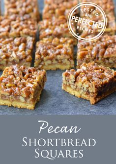 pecan shortbread squares are stacked on top of each other and ready to be eaten