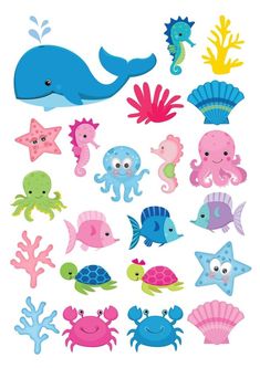 an assortment of sea animals and marine creatures on a white background with blue, green, pink