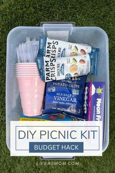 the diy picnic kit is packed in a plastic container with straws and cups