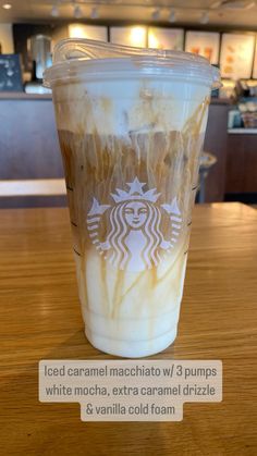 starbucks iced caramel macchiaia w / 3 pumps white mocha, extra caramel drizzle & vanilla cold foam